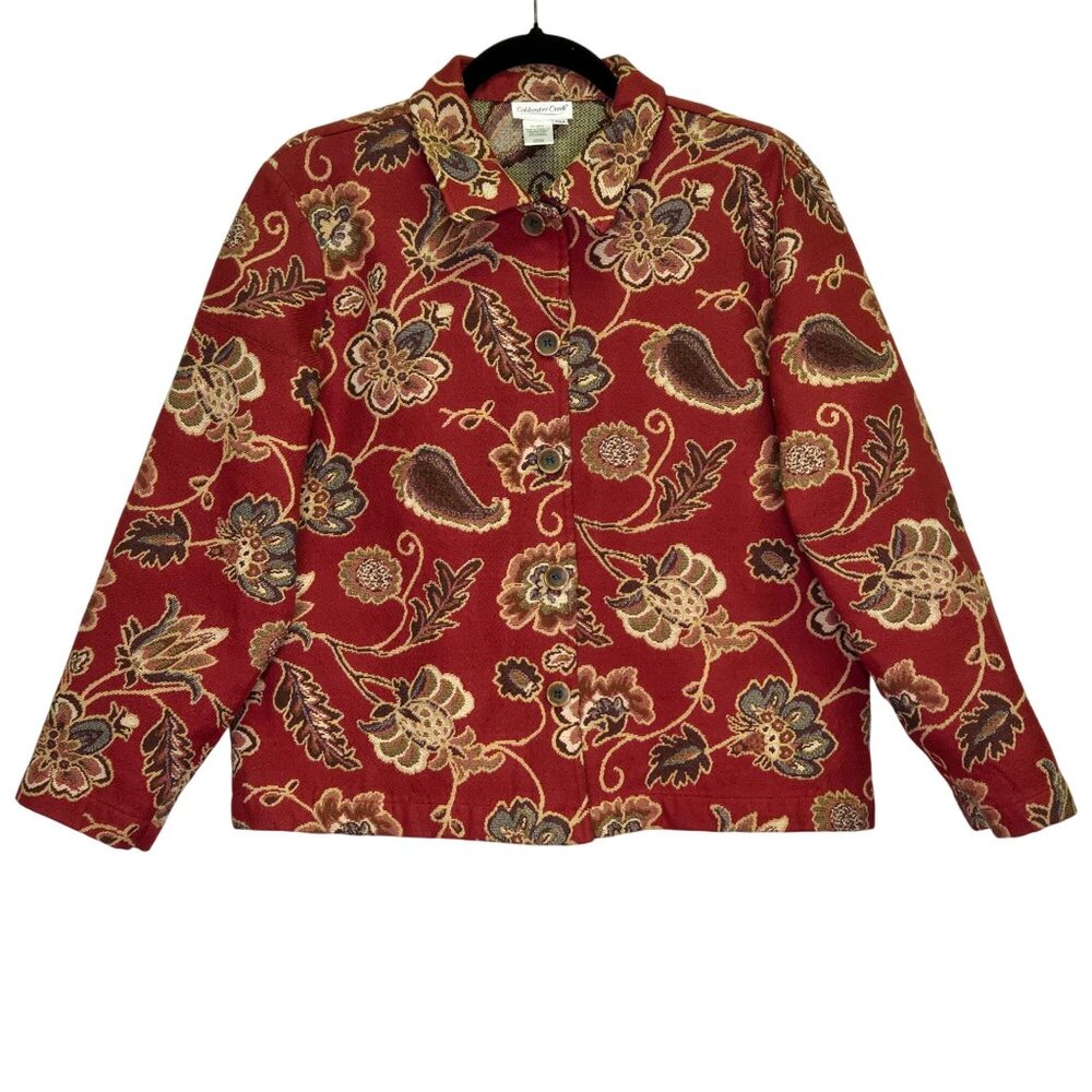 Coldwater Creek PM Floral Vintage Style Jacket Red Paisley Tapestry‎ Button-Up